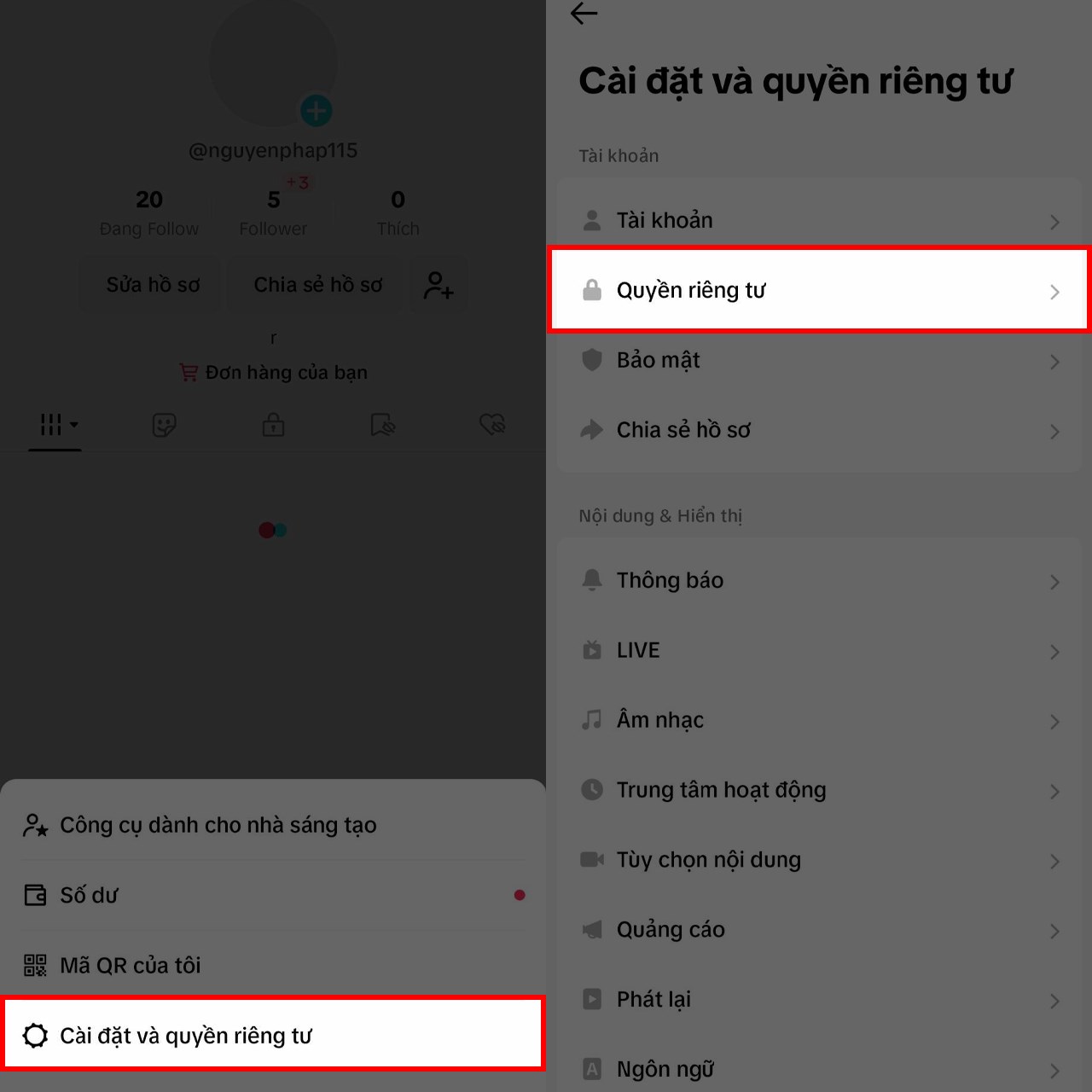 Tắt chế độ riêng tư cho tài khoản TikTok